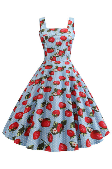 Morangos Estampado Vestido Azul Sem Mangas 1950